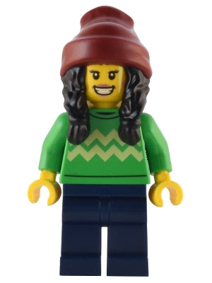 Holiday Shopper - Female, Bright Green Sweater with Bright Light Yellow Zigzag Lines, Dark Blue Legs, Dark Red Beanie with Black Hair (hol286)