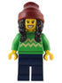 Holiday Shopper - Female, Bright Green Sweater with Bright Light Yellow Zigzag Lines, Dark Blue Legs, Dark Red Beanie with Black Hair (hol286)