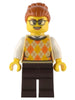 Santa's Toys and Games Store Owner - Female, Tan Knit Argyle Sweater Vest, Dark Brown Legs, Dark Orange Hair with Bun, Glasses (hol291)