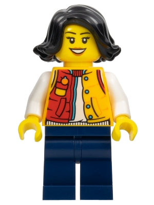 Lunar New Year Parade Spectator - Female, Red and Bright Light Orange Jacket, Dark Blue Legs, Black Hair (hol307)