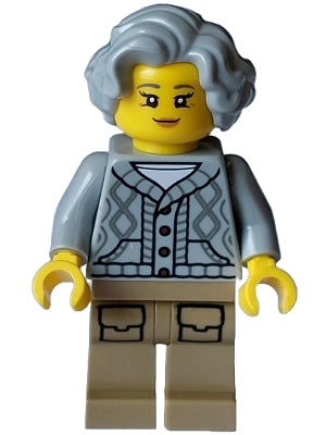Lodge Owner - Female, Light Bluish Gray Knit Cable Cardigan Sweater, Dark Tan Legs with Pockets, Wavy Hair (hol326)