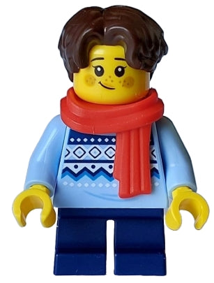 Child - Girl, Bright Light Blue Knit Fair Isle Sweater, Dark Blue Short Legs, Dark Brown Hair, Freckles, Red Scarf (hol327)