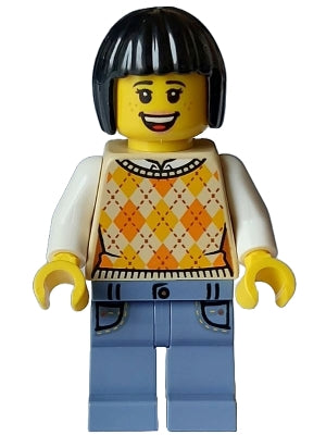 Tourist - Female, Tan Knit Argyle Sweater Vest, Sand Blue Legs with Pockets, Black Bob Cut Hair, Freckles (hol329)