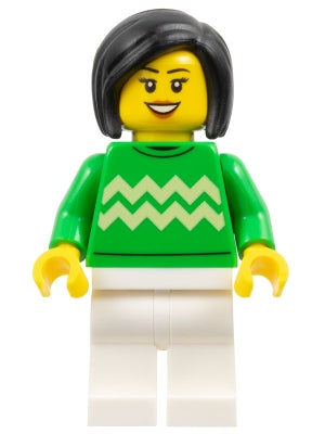 Woman - Bright Green Sweater with Bright Light Yellow Zigzag Lines, White Legs, Black Hair (hol338)