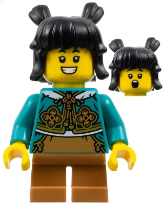 Child - Girl, Dark Turquoise Cheongsam Bolero Shrug, Medium Nougat Short Legs, Black Hair with Buns (hol371)