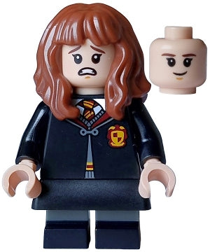 Hermione Granger - Gryffindor Robe Clasped, Black Skirt, Black Short Legs with Dark Bluish Gray Stripes, Open Mouth Scared / Closed Mouth Grin (hp468)