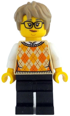 Woman - Tan Knit Argyle Sweater Vest, Black Legs, Dark Tan Thick Messy Hair, Glasses (idea210)