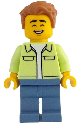 Man - Yellowish Green Jacket over White Shirt, Sand Blue Legs, Medium Nougat Tousled Hair (idea213)