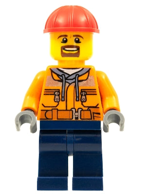 Forklift Driver - Male, Orange Safety Jacket, Reflective Stripe, Sand Blue Hoodie, Dark Blue Legs, Red Construction Helmet, Goatee (trn242)