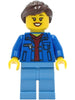 Woman - Blue Jacket over Dark Red V-Neck Sweater, Medium Blue Legs, Dark Brown Hair (twn409)