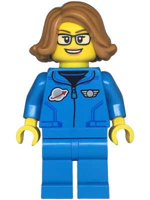 Space Scientist - Female, Dark Azure Jumpsuit, Medium Nougat Hair, Glasses, Open Mouth Smile (twn479)