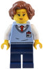 Natural History Museum Employee - Female, Bright Light Blue Sweater Vest with ID Badge, Dark Blue Legs, Reddish Brown Hair (twn484)