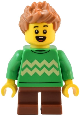 Child - Boy, Bright Green Sweater with Bright Light Yellow Zigzag Lines, Reddish Brown Short Legs, Medium Nougat Spiked Hair (twn488)