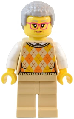 Natural History Museum Visitor - Female, Tan Knit Argyle Sweater Vest, Tan Legs, Light Bluish Gray Coiled Hair, Glasses (twn491)