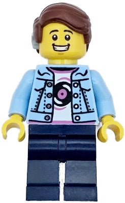 Burger Truck Customer - Male, Bright Light Blue Denim Jacket over Shirt with Record, Dark Blue Legs, Reddish Brown Hair with Cochlear Implant (twn496)